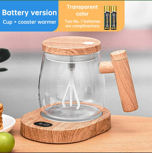 Self Stirring Coffee Cup Electric Stirring Glass Mug Mapple Grain Transparent with Coaster Warmer_0