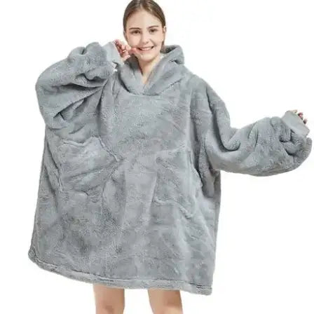 Unisex Oversized Plush Hoodie Blanket - Grey_0